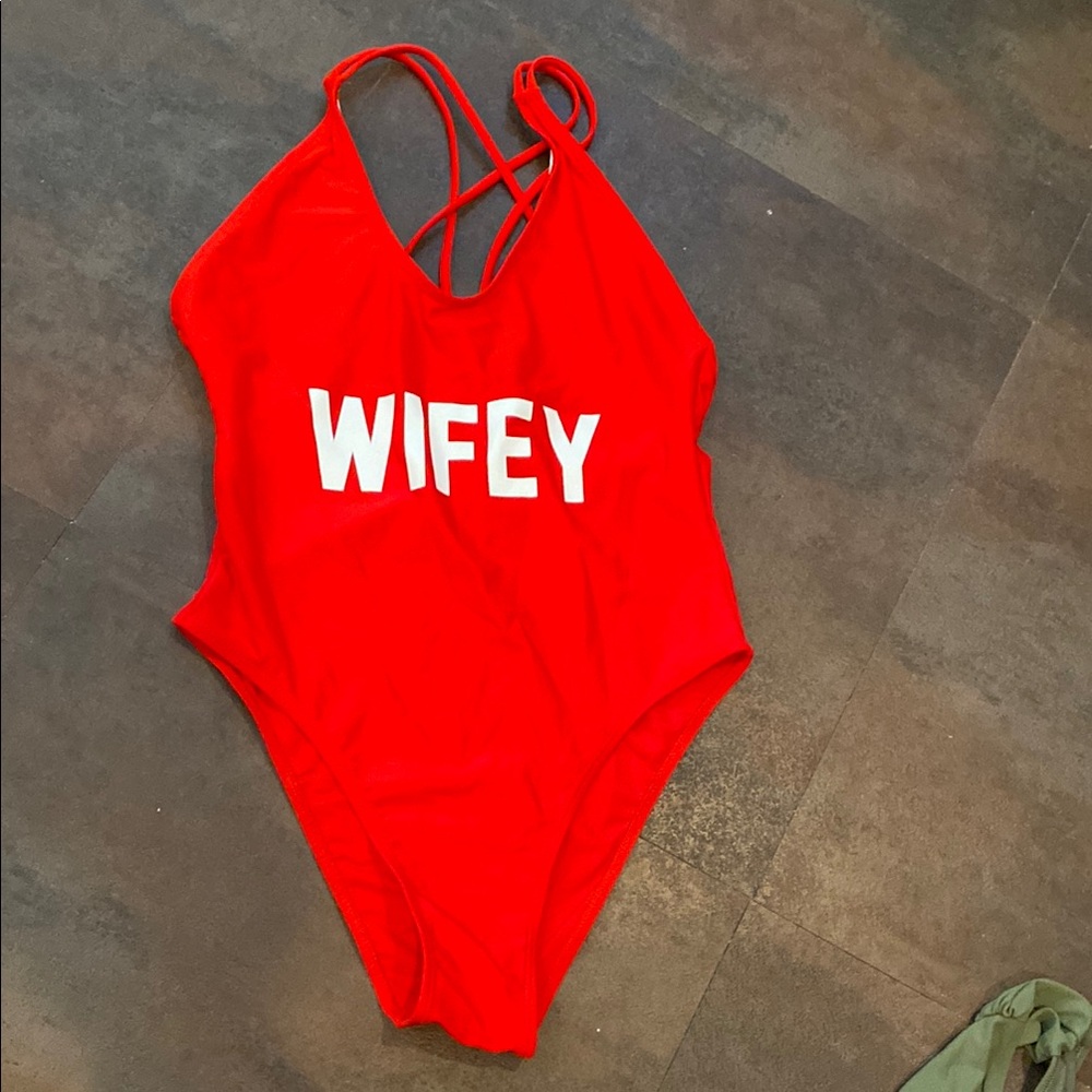 SHEIN Red One Piece Swimsuit Wifey Design